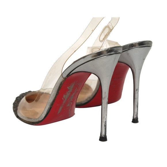CHRISTIAN LOUBOUTIN Slingback Pumps PVC Crystals Pewter Leather Heels Cap Toe 38 - Picture 15 of 16